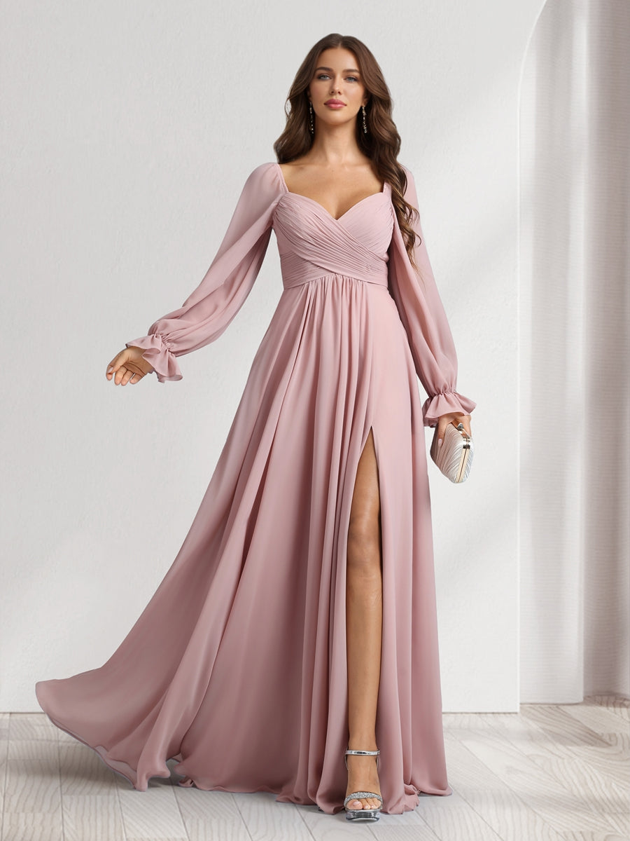 A-Line/Princess Sweetheart Long Sleeves Bridesmaid Dresses With Pleats & Split Side