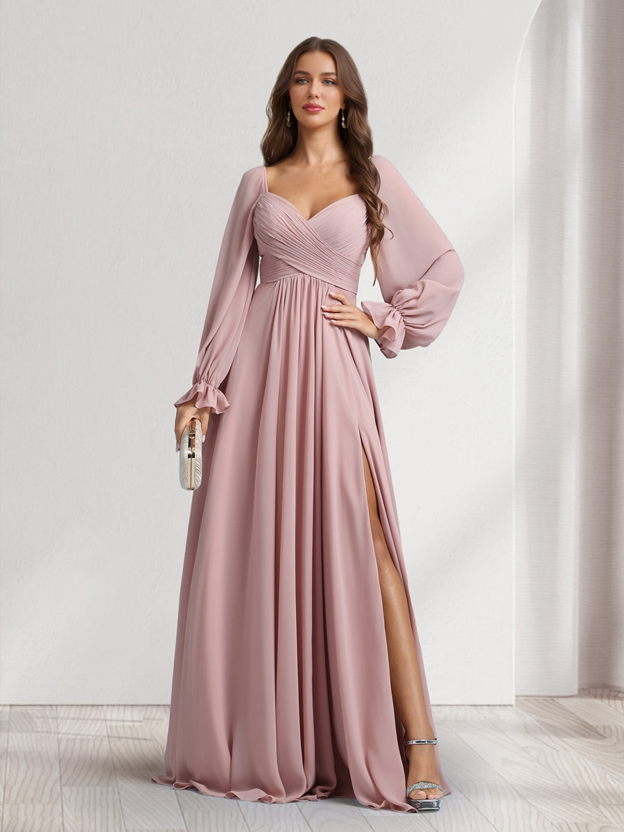 A-Line/Princess Sweetheart Long Sleeves Bridesmaid Dresses With Pleats &amp; Split Side