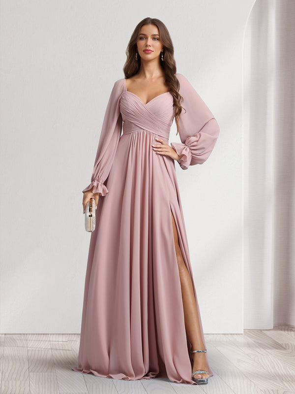 A-Line/Princess Sweetheart Long Sleeves Bridesmaid Dresses With Pleats & Split Side