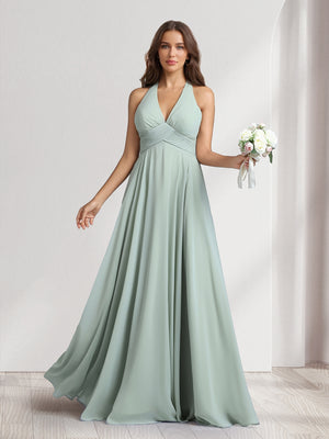 A-Line V-Neck Halter Sleeveless Floor-Length Bridesmaid Dresses With Pleats