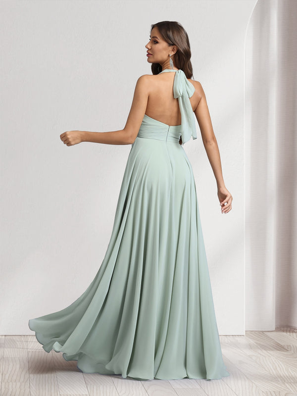 A-Line V-Neck Halter Sleeveless Floor-Length Bridesmaid Dresses With Pleats