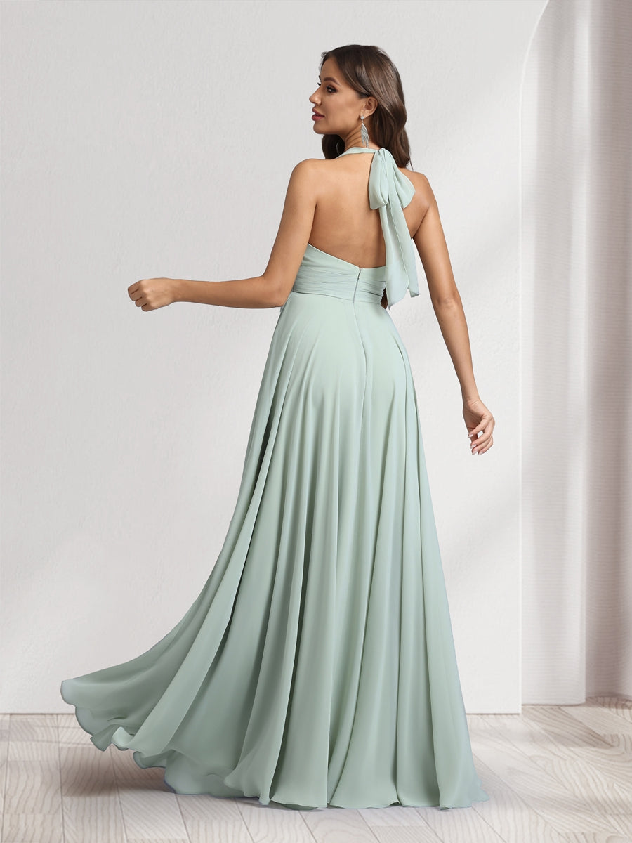A-Line V-Neck Halter Sleeveless Floor-Length Bridesmaid Dresses With Pleats