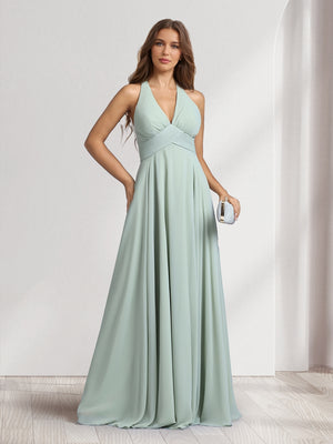 A-Line V-Neck Halter Sleeveless Floor-Length Bridesmaid Dresses With Pleats