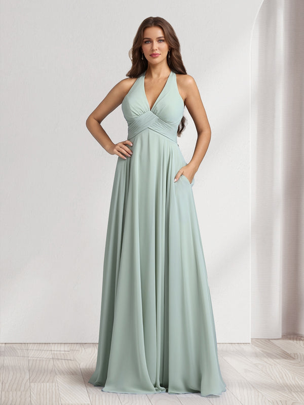 A-Line V-Neck Halter Sleeveless Floor-Length Bridesmaid Dresses With Pleats