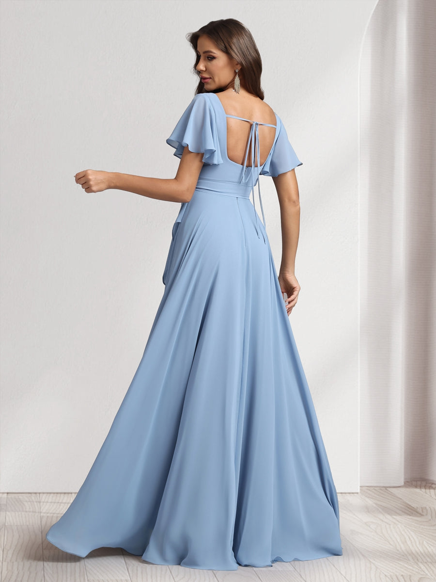 A-Line/Princess Square Neck Short Sleeves Floor-Length Bridesmaid Dresses With Sash &amp; Split Side