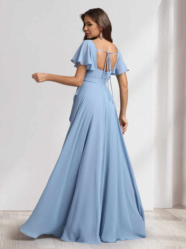 A-Line/Princess Square Neck Short Sleeves Floor-Length Bridesmaid Dresses With Sash & Split Side