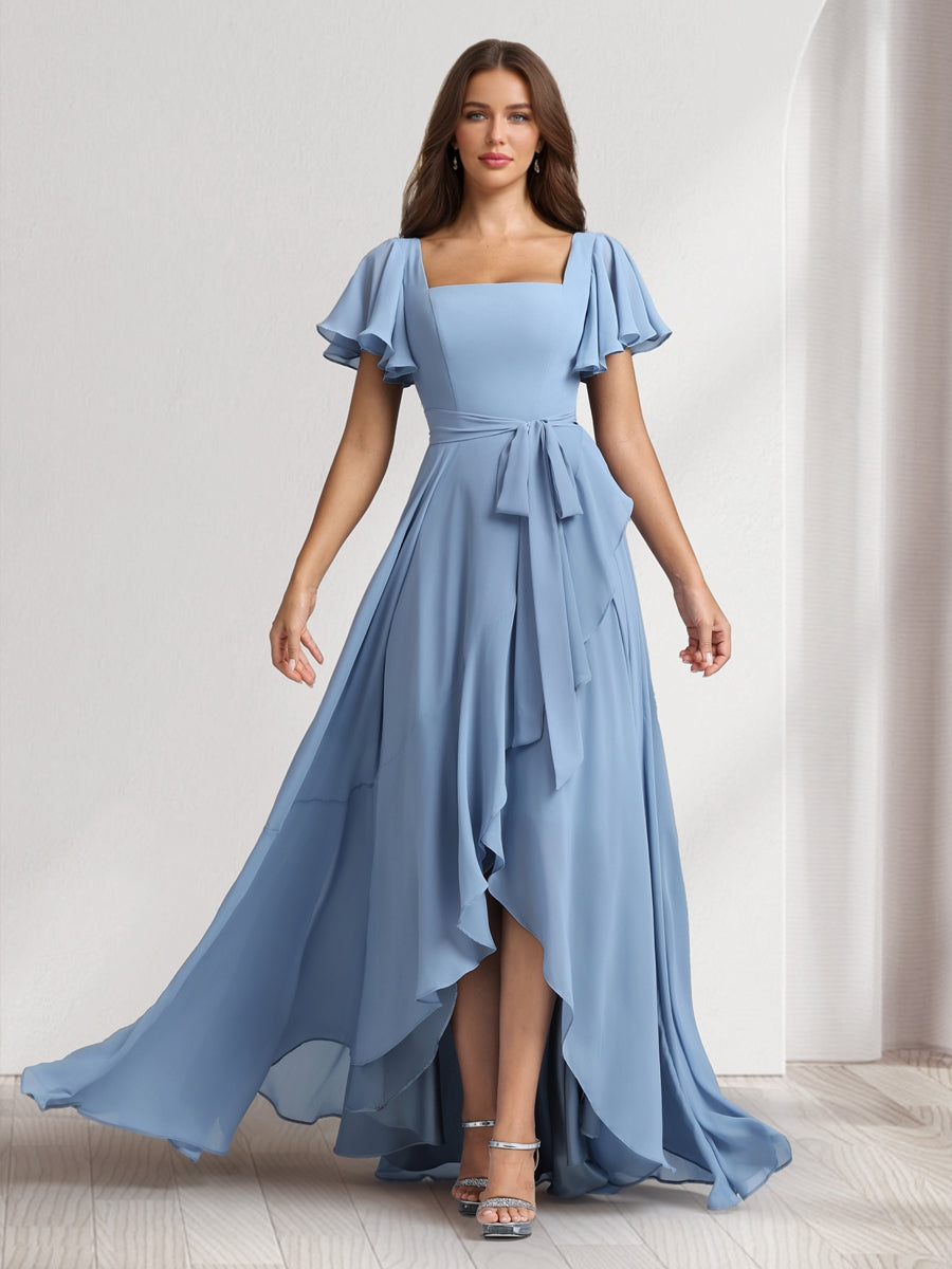 A-Line/Princess Square Neck Short Sleeves Floor-Length Bridesmaid Dresses With Sash &amp; Split Side