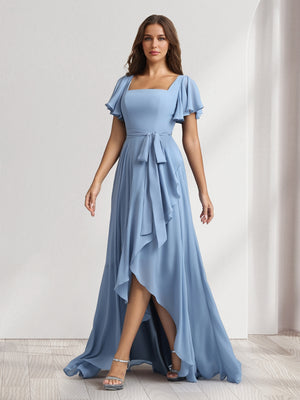 A-Line/Princess Square Neck Short Sleeves Floor-Length Bridesmaid Dresses With Sash & Split Side