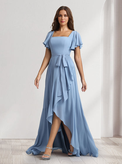 A-Line/Princess Square Neck Short Sleeves Floor-Length Bridesmaid Dresses With Sash & Split Side