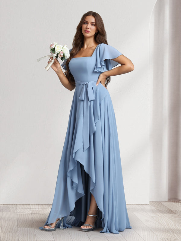 A-Line/Princess Square Neck Short Sleeves Floor-Length Bridesmaid Dresses With Sash & Split Side