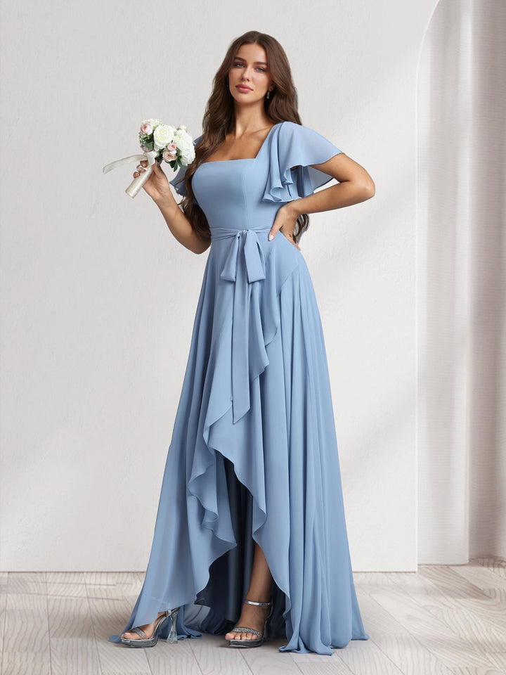A-Line/Princess Square Neck Short Sleeves Floor-Length Bridesmaid Dresses With Sash &amp; Split Side