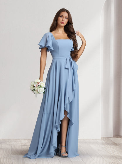 A-Line/Princess Square Neck Short Sleeves Floor-Length Bridesmaid Dresses With Sash & Split Side