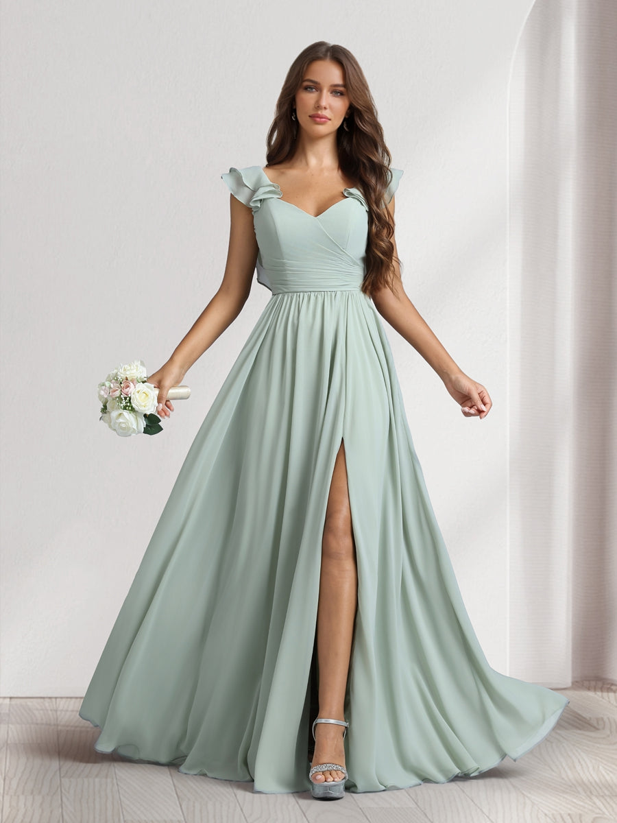 A-Line/Princess V-Neck Floor-Length Bridesmaid Dresses With Ruffles & Pleats