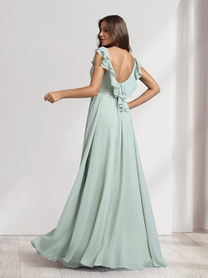 A-Line/Princess V-Neck Floor-Length Bridesmaid Dresses With Ruffles & Pleats