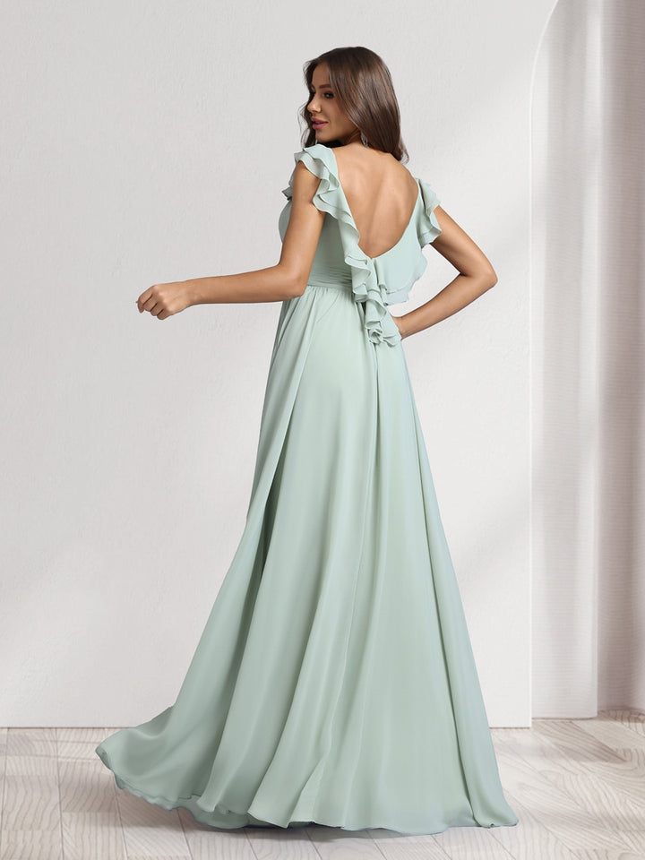 A-Line/Princess V-Neck Floor-Length Bridesmaid Dresses With Ruffles &amp; Pleats