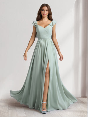 A-Line/Princess V-Neck Floor-Length Bridesmaid Dresses With Ruffles & Pleats