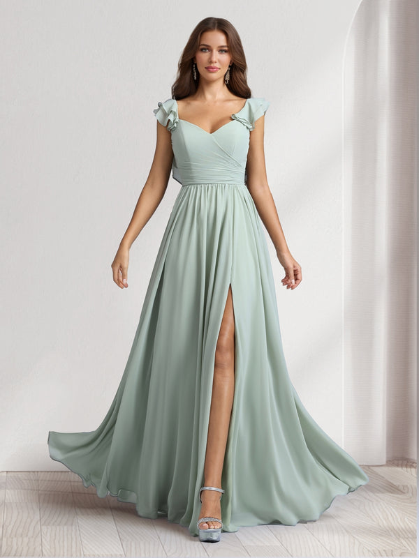 A-Line/Princess V-Neck Floor-Length Bridesmaid Dresses With Ruffles & Pleats