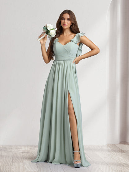 A-Line/Princess V-Neck Floor-Length Bridesmaid Dresses With Ruffles & Pleats