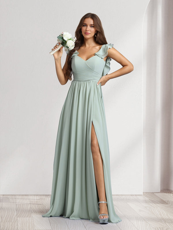 A-Line/Princess V-Neck Floor-Length Bridesmaid Dresses With Ruffles & Pleats