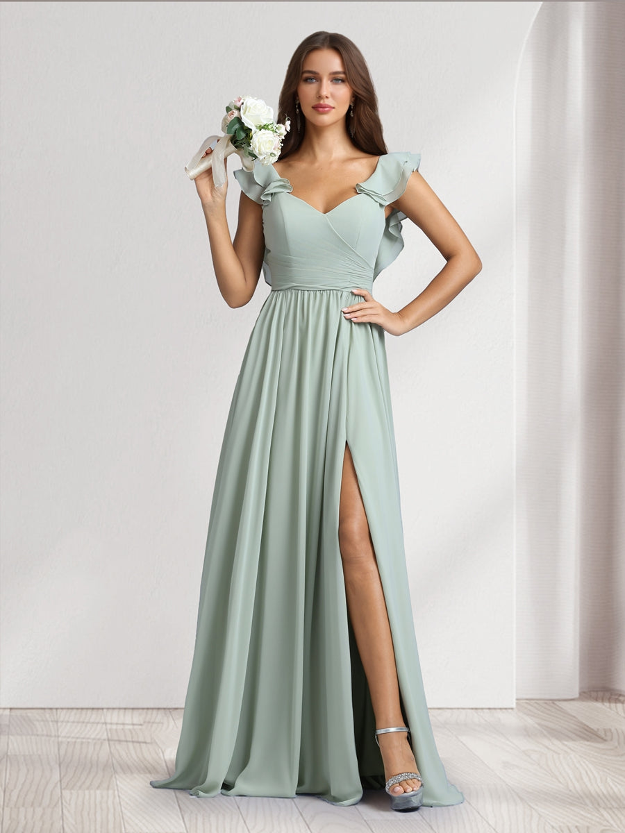 A-Line/Princess V-Neck Floor-Length Bridesmaid Dresses With Ruffles &amp; Pleats
