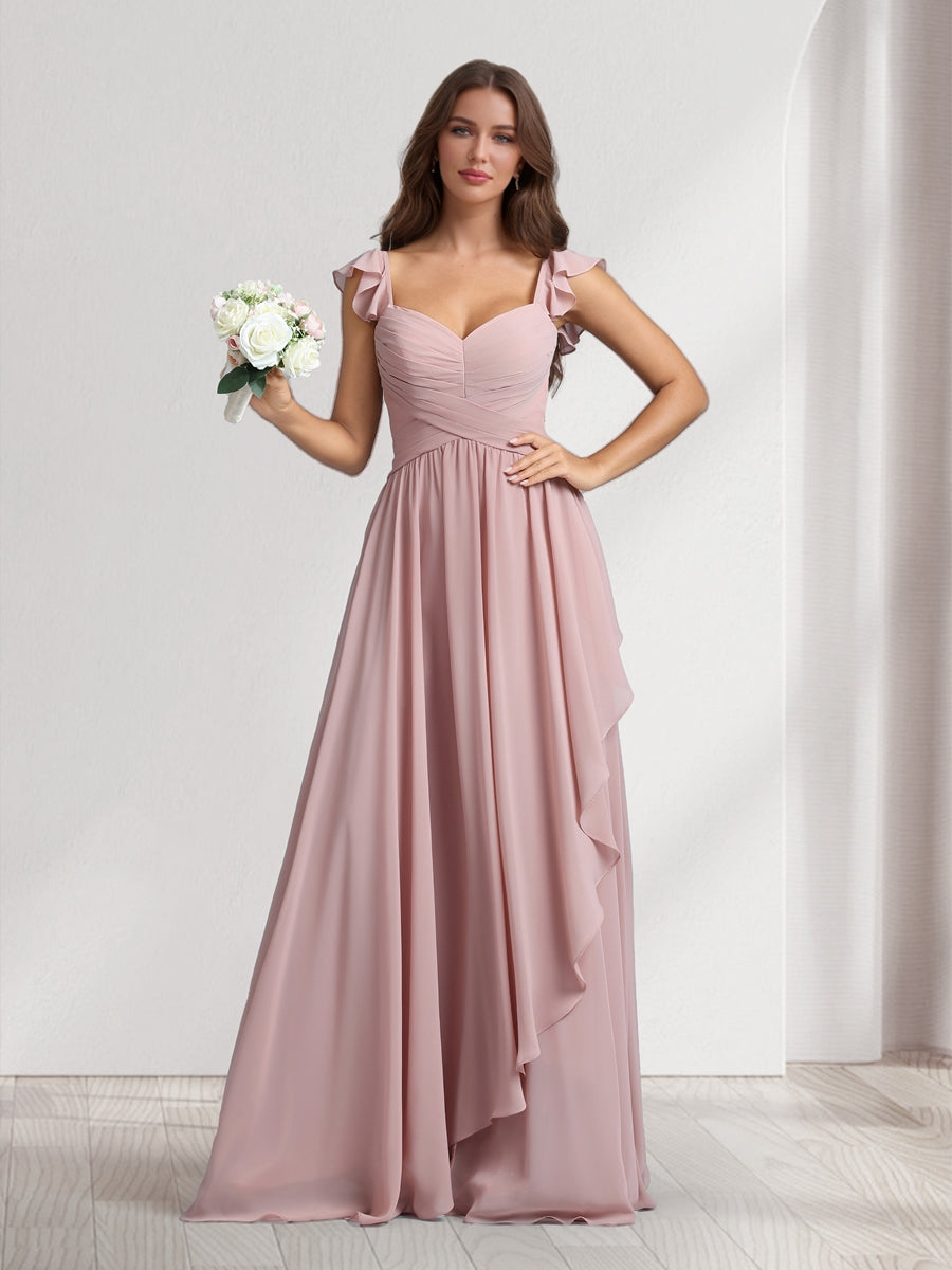 A-Line/Princess V-Neck Spaghetti Straps Sleeveless Floor-Length Bridesmaid Dresses With Ruffles & Pleats