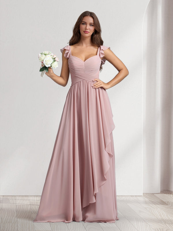 A-Line/Princess V-Neck Spaghetti Straps Sleeveless Floor-Length Bridesmaid Dresses With Ruffles & Pleats