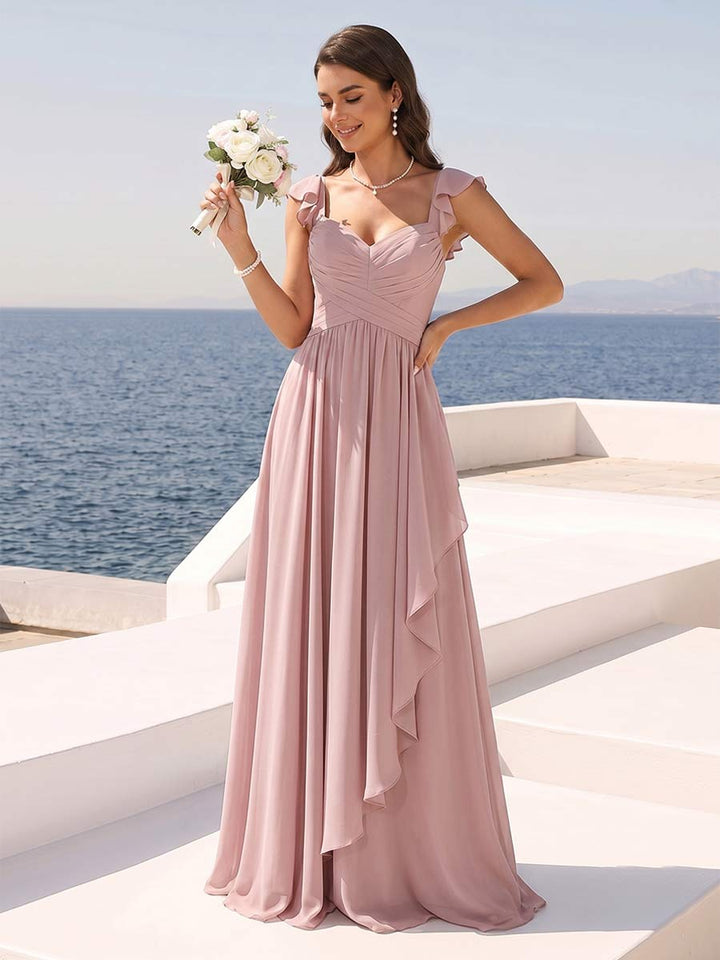 A-Line/Princess V-Neck Spaghetti Straps Sleeveless Floor-Length Bridesmaid Dresses With Ruffles &amp; Pleats