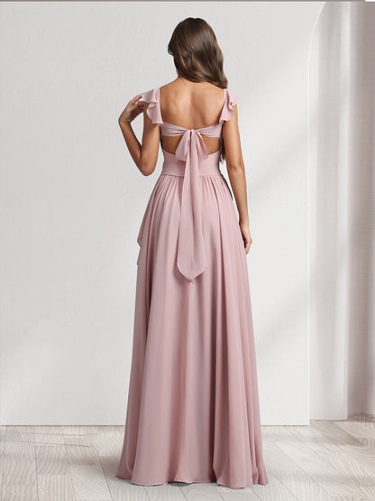A-Line/Princess V-Neck Spaghetti Straps Sleeveless Floor-Length Bridesmaid Dresses With Ruffles & Pleats