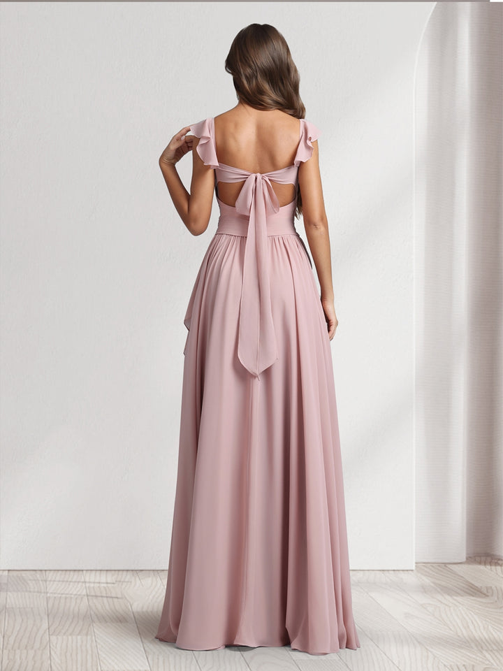 A-Line/Princess V-Neck Spaghetti Straps Sleeveless Floor-Length Bridesmaid Dresses With Ruffles &amp; Pleats