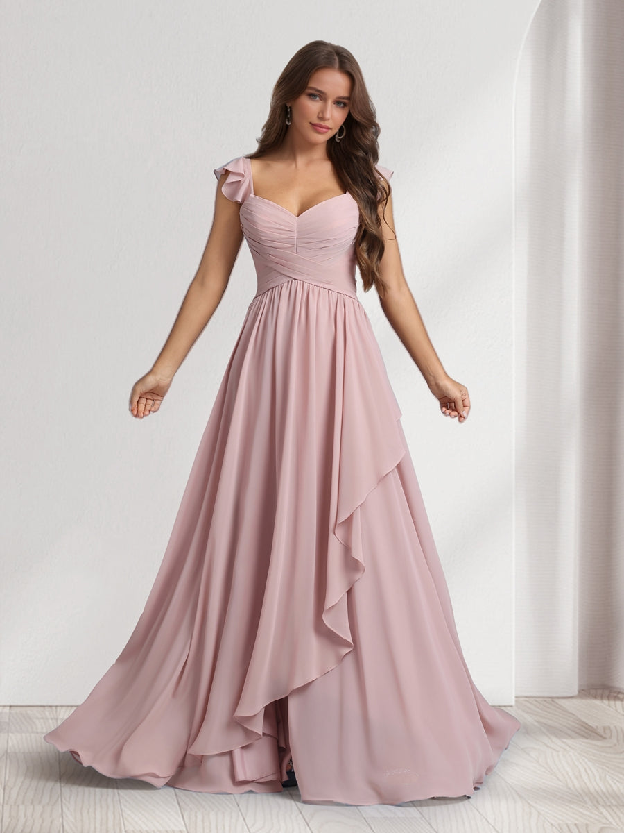 A-Line/Princess V-Neck Spaghetti Straps Sleeveless Floor-Length Bridesmaid Dresses With Ruffles & Pleats