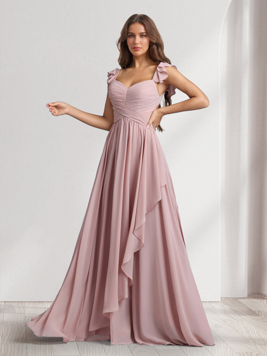 A-Line/Princess V-Neck Spaghetti Straps Sleeveless Floor-Length Bridesmaid Dresses With Ruffles &amp; Pleats