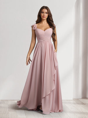 A-Line/Princess V-Neck Spaghetti Straps Sleeveless Floor-Length Bridesmaid Dresses With Ruffles & Pleats