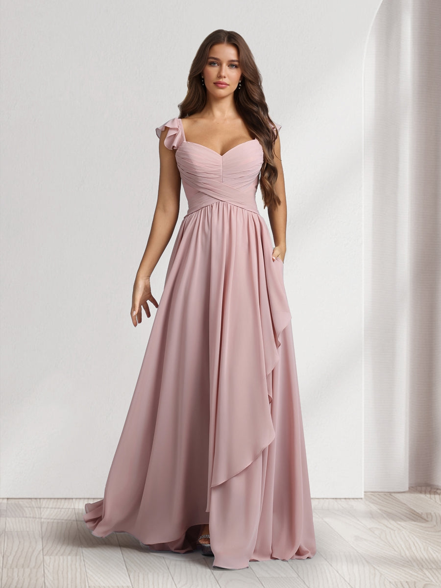 A-Line/Princess V-Neck Spaghetti Straps Sleeveless Floor-Length Bridesmaid Dresses With Ruffles & Pleats
