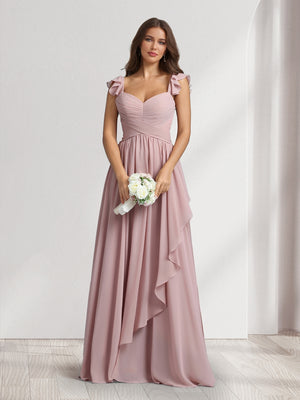 A-Line/Princess V-Neck Spaghetti Straps Sleeveless Floor-Length Bridesmaid Dresses With Ruffles & Pleats