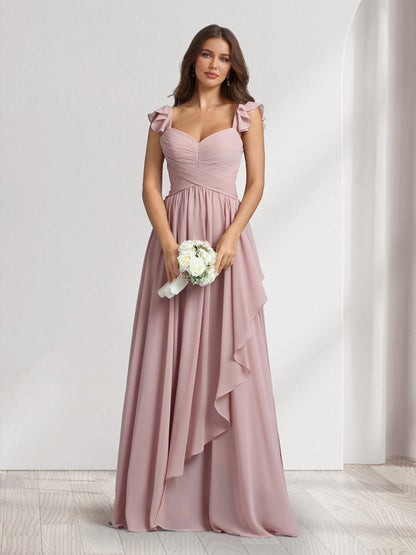 A-Line/Princess V-Neck Spaghetti Straps Sleeveless Floor-Length Bridesmaid Dresses With Ruffles & Pleats