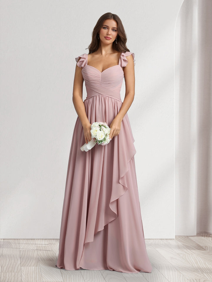 A-Line/Princess V-Neck Spaghetti Straps Sleeveless Floor-Length Bridesmaid Dresses With Ruffles &amp; Pleats