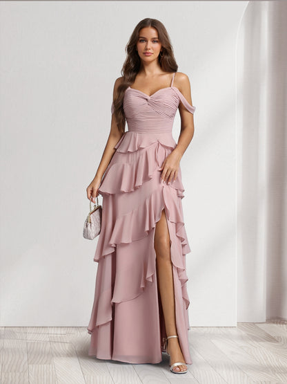 A-Line/Princess Off-the-Shoulder Spaghetti Straps Sleeveless Floor-Length Bridesmaid Dresses With Ruffles & Side Slit