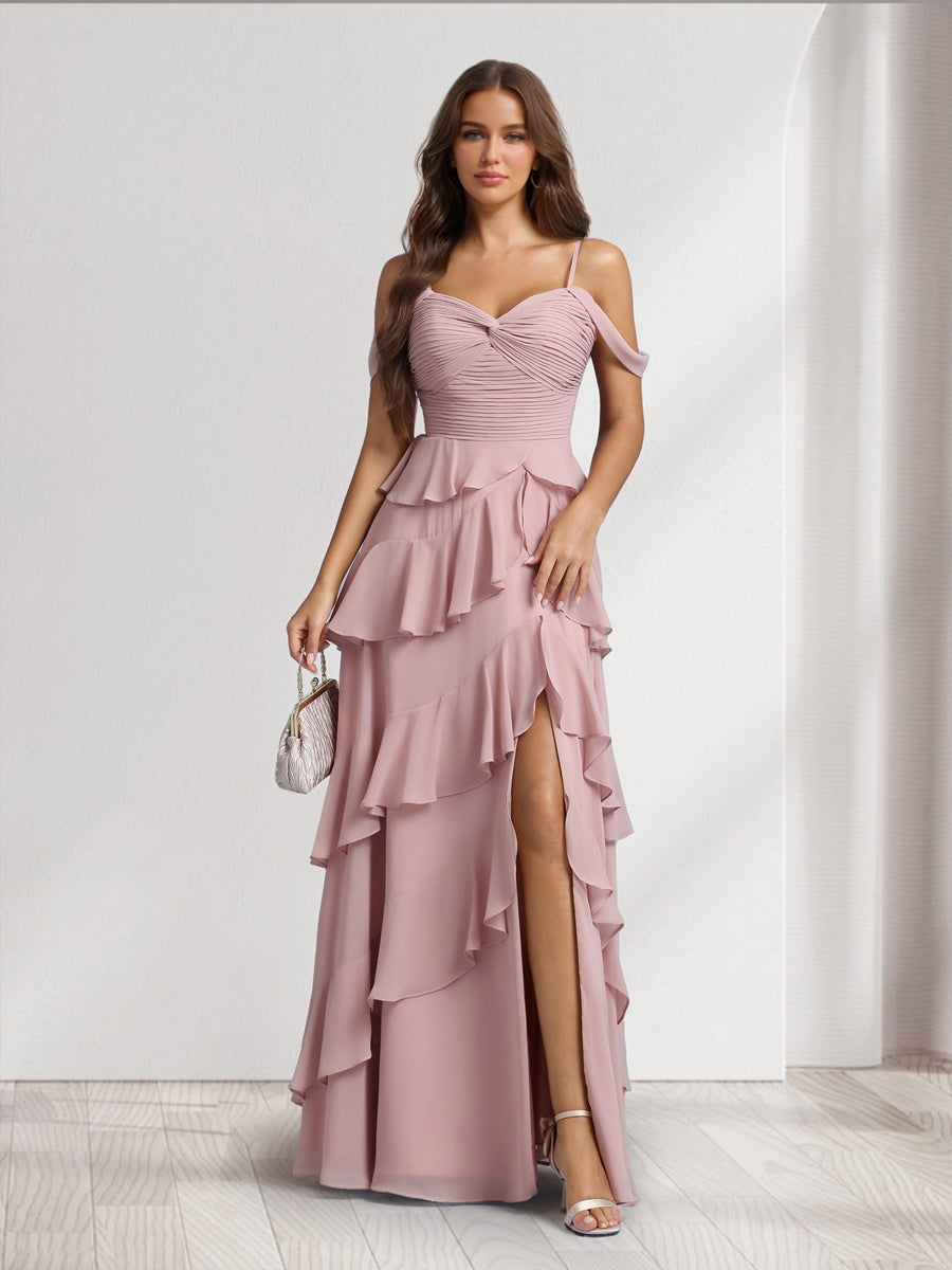 A-Line/Princess Off-the-Shoulder Spaghetti Straps Sleeveless Floor-Length Bridesmaid Dresses With Ruffles & Side Slit