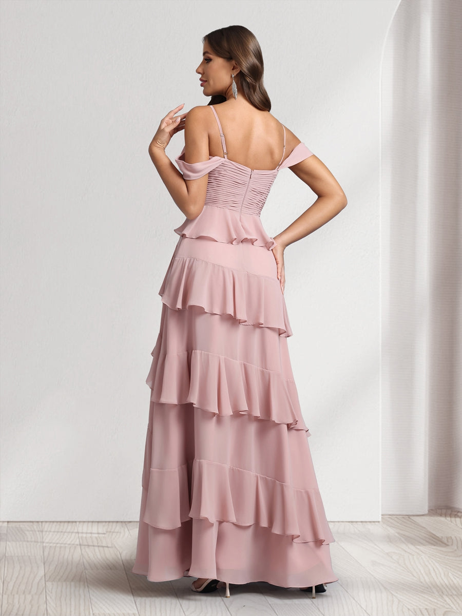A-Line/Princess Off-the-Shoulder Spaghetti Straps Sleeveless Floor-Length Bridesmaid Dresses With Ruffles &amp; Side Slit
