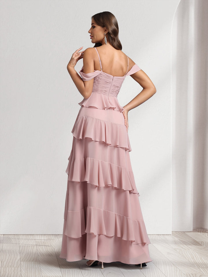 A-Line/Princess Off-the-Shoulder Spaghetti Straps Sleeveless Floor-Length Bridesmaid Dresses With Ruffles &amp; Side Slit