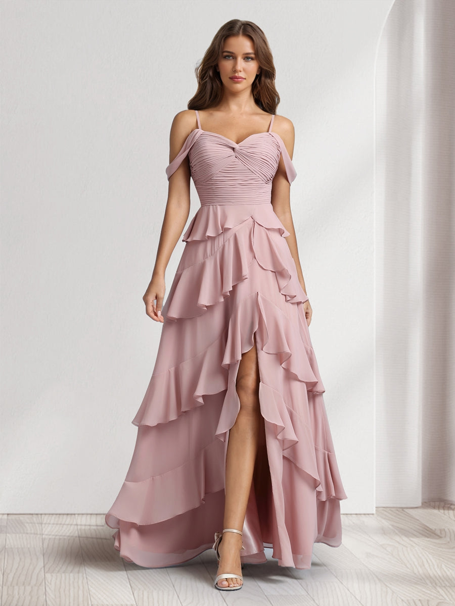 A-Line/Princess Off-the-Shoulder Spaghetti Straps Sleeveless Floor-Length Bridesmaid Dresses With Ruffles &amp; Side Slit