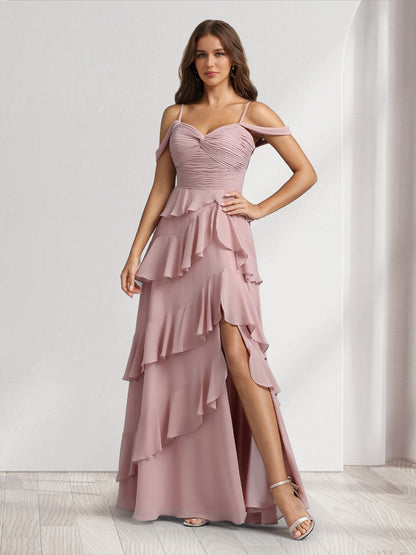 A-Line/Princess Off-the-Shoulder Spaghetti Straps Sleeveless Floor-Length Bridesmaid Dresses With Ruffles & Side Slit