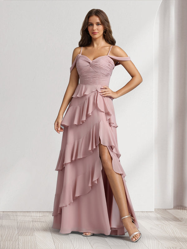 A-Line/Princess Off-the-Shoulder Spaghetti Straps Sleeveless Floor-Length Bridesmaid Dresses With Ruffles & Side Slit