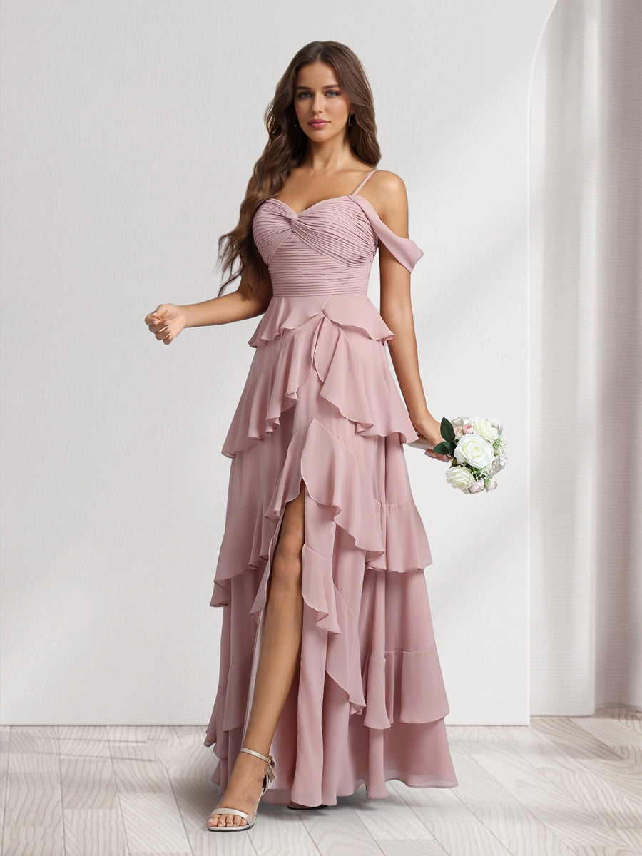 A-Line/Princess Off-the-Shoulder Spaghetti Straps Sleeveless Floor-Length Bridesmaid Dresses With Ruffles &amp; Side Slit