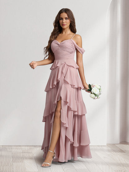A-Line/Princess Off-the-Shoulder Spaghetti Straps Sleeveless Floor-Length Bridesmaid Dresses With Ruffles & Side Slit
