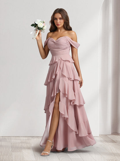 A-Line/Princess Off-the-Shoulder Spaghetti Straps Sleeveless Floor-Length Bridesmaid Dresses With Ruffles & Side Slit