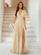 A-Line/Princess V-Neck Short Sleeves Long Bridesmaid Dresses with Split Side