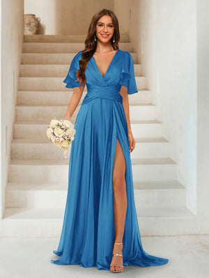 A-Line/Princess V-Neck Short Sleeves Long Bridesmaid Dresses with Split Side