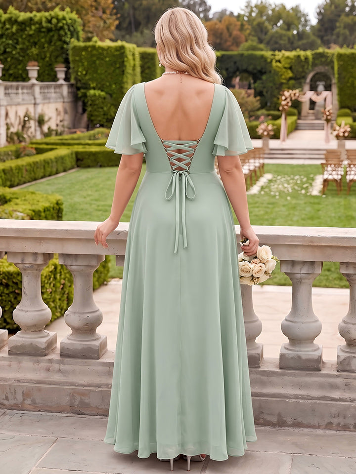 A-Line/Princess V-Neck Short Sleeves Silk Satin Floor-Length Plus Size Bridesmaid Dresses with Split Side