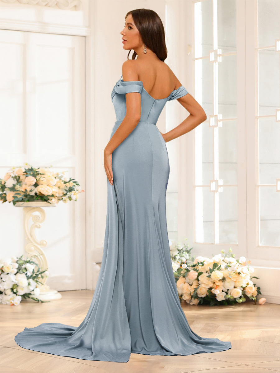 Floor-Length Off-the-Shoulder Long Formal Dresses with Split Side &amp; Ruched